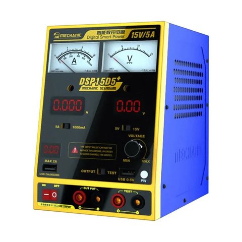 Лабораторний блок живлення Mechanic DSP15D5+, одноканальний, трансформаторний, до 15 В, до 5 А, комбіновані індикатори