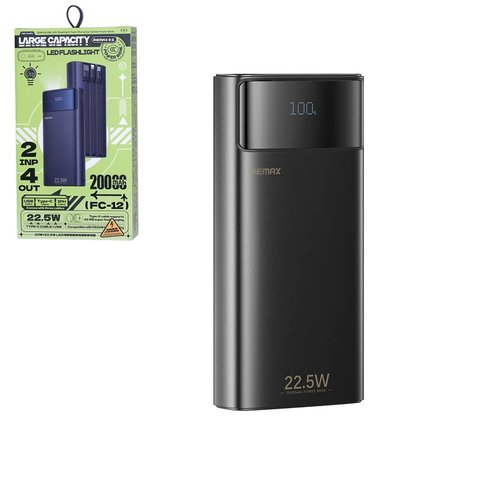 Power bank Remax FC 12, 20000 мАг, 22,5 Вт, чорний, Quick Charge, Power Delivery PD , #6954851253341