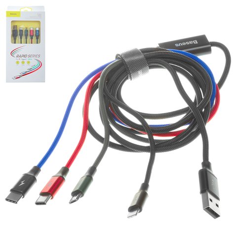 Cable USB Baseus Rapid Series, USB tipo A, USB tipo C, micro USB tipo B, Lightning, 120 cm, 3.5 A, negro, #CA1T4 B01
