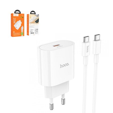 Сетевое зарядное устройство Hoco C94A, 20 Вт, Power Delivery PD , Fast Charge, белый, c кабелем USB тип C к USB тип C, 1 порт, #6931474762191