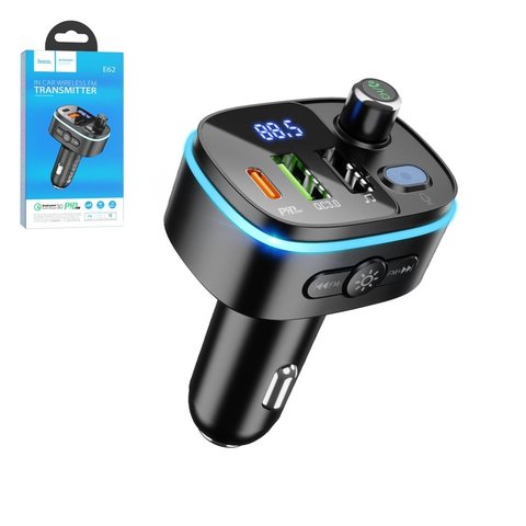 FM трансмітер Hoco E62, чорний, з дисплеєм, USB тип C, USB тип A, 3 порта, 20 Вт, Quick Charge, Power Delivery PD , #6931474756299