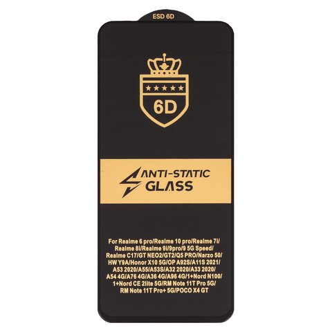 Защитное стекло ESD 6D для Tecno Spark Go 2024  BG6 ; Realme 8i; Oppo A53s 4G, A54 4G, A96 4G; Xiaomi Poco X4 GT, Redmi Note 11T Pro, совместимо с чехлом, Full Glue, Anti Static, без упаковки , черный